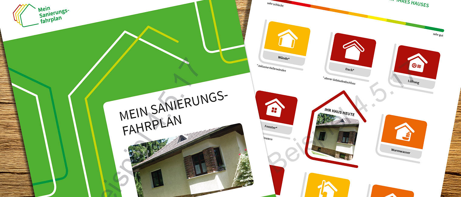 Symbolbild eines individuellen Sanierungsfahrplans iSFP auf einem Holztisch