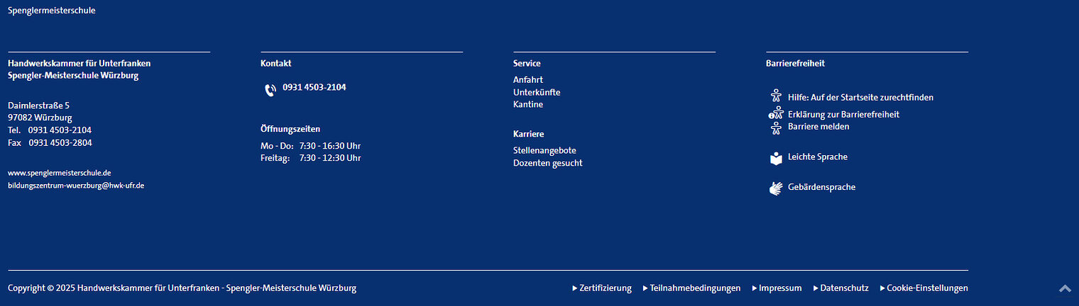 Screenshot des Footer-Bereichs auf www.spenglermeisterschule.de