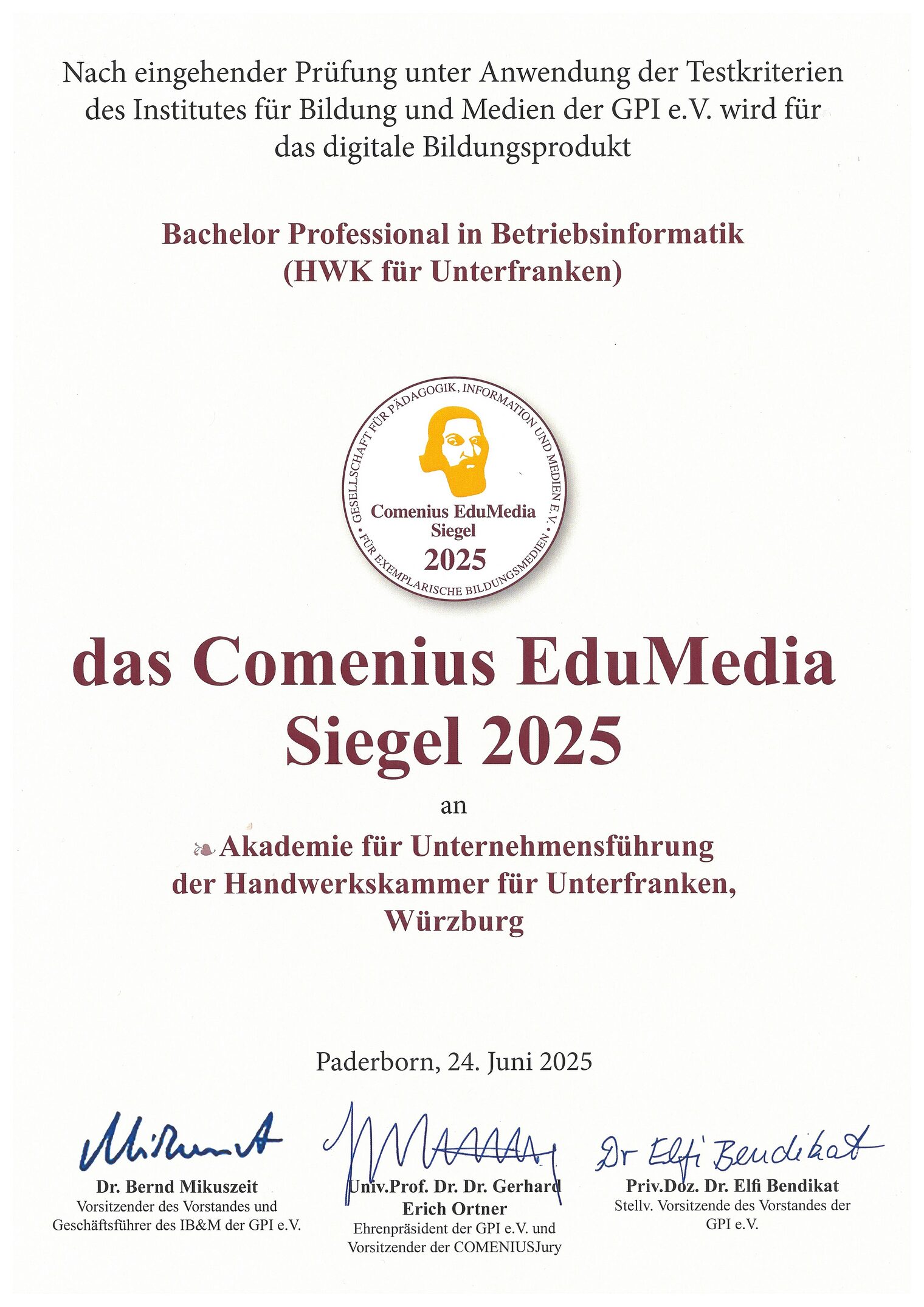 Comenius Siegel 2025 für das Lernkonzept "Bachelor Professional in Betriebsinformatik (HWK für Unterfranken)"