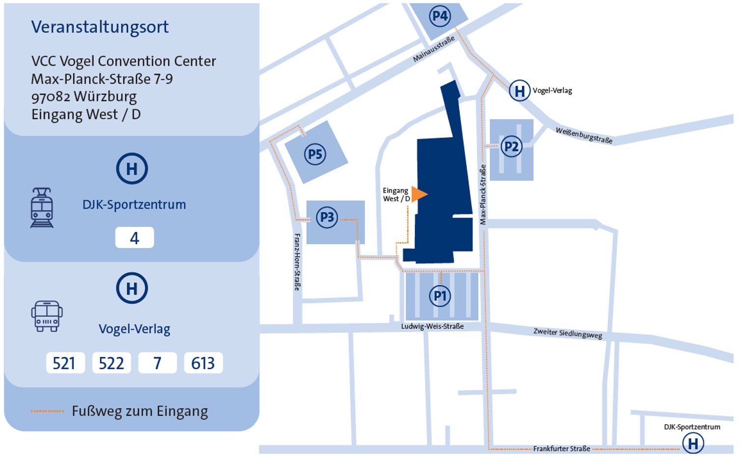 Grafik - Lageplan des VCC mit fünf eingezeichneten Parkplätzen und Angabe zu Haltestellen mit Bus und Straßenbahn