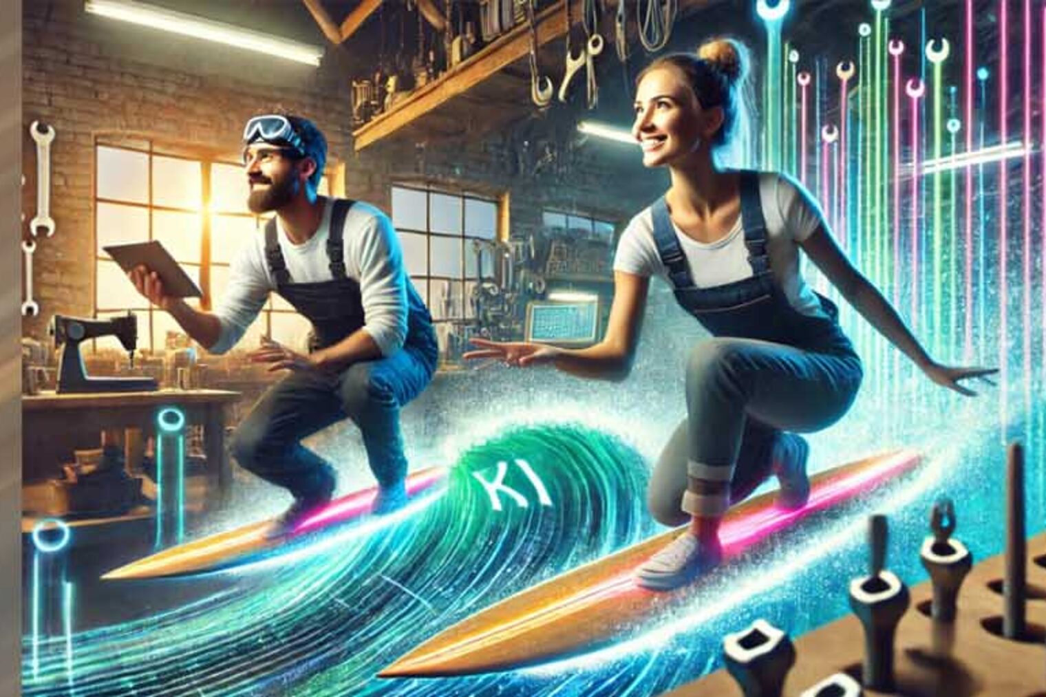 KI-generiertes Bild mit Zwei Handwerkern, die in einer Werkstatt surfen