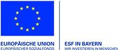 Logo der Europäischen Union, europäischer Sozialfonds und ESF in Bayern mit Bildunterschrift: "Wir investieren in Menschen"